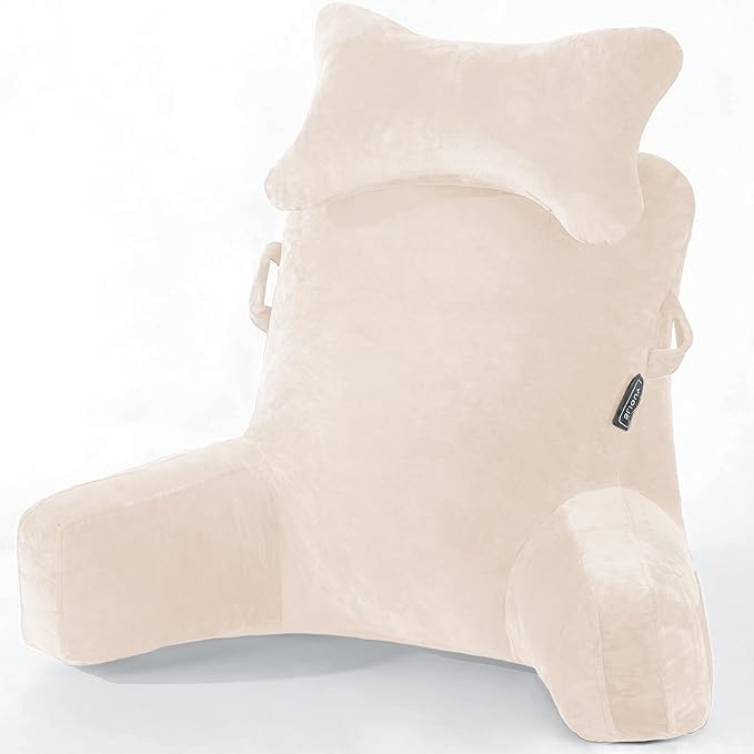 SLIGUY Reading Pillow-Bed Rest Pillow with Detachable Neck Roll & Higher Support Arm for Sitting in Bed Couch or Floor-Backrest Reading Pillow Adult Back Pillow for Reading/Watching TV/Gaming,Beige