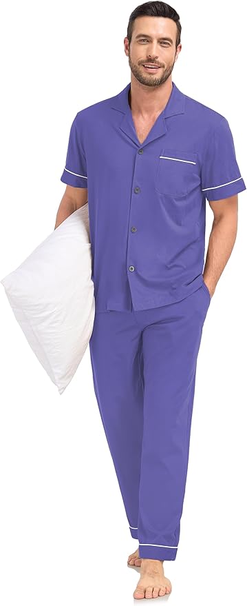 COLORFULLEAF Men's 100% Cotton Pajamas Set Button Down Sleepwear Short Sleeve and Long Pants Pjs