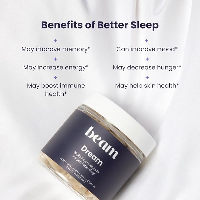 Beam Dream Sleep Capsules, L-Theanine, Apigenin, Reishi and Magnesium, Third Party Tested Natural Sleep Aid & Sleep Supplement for Deep Sleep, Relaxation and Recovery, Sleep Support, 30 Servings