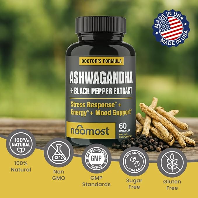 NooMost Organic Ashwagandha Capsules w/Black Pepper Extract as Vegan Ashwagandha Supplements for Anti Stress Relief, Natural Mood Support, Energy & Focus-60 Capsules