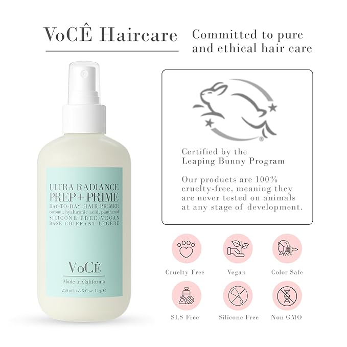 VoCÊ Haircare Vegan Prep + Prime Spray | Shine, Style Retention + Heat Protection, Nourishing, Anti-Frizz – Non-Toxic, Cruelty Free, Vegan Hair Routine Primer (8.5oz | 250ml)