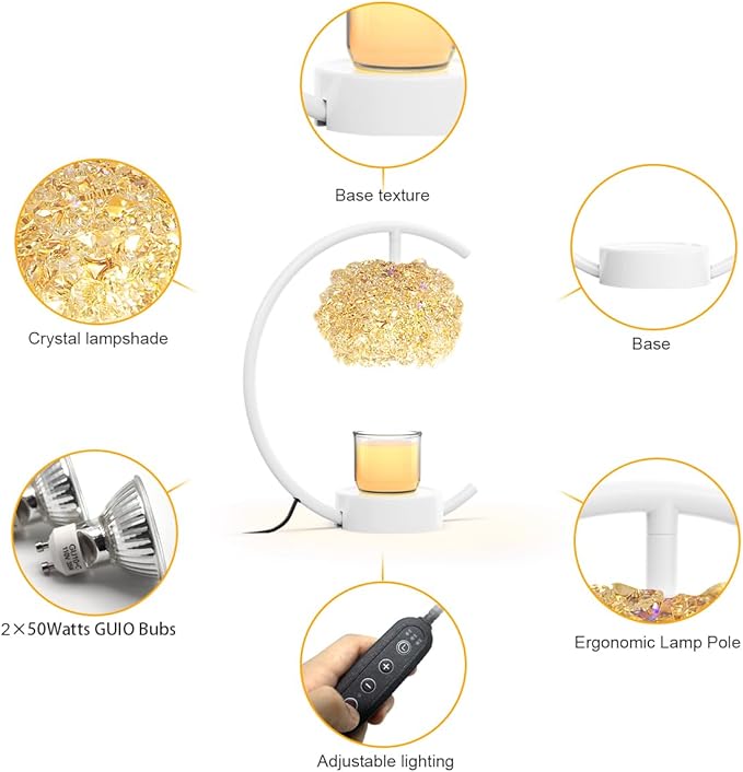 White Candle Warmer Lamp for Jar Candles with Adjustable Brightness&Timer,Handcrafted Crystal&Wooden Base,Candle Lamp Luxurious Design+2Bulbs,Home Decoration Electric Candle lamp(C-Shaped)