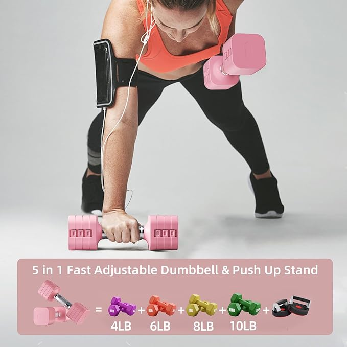 20LB Adjustable Dumbbell Set, 10lb Dumbbells Set of 2, 5 in 1 Free Weights Set, Each 4lb 6lb 8lb 10lb for Women & Men for Home Gym Exercise Workout Strength Training Equipments