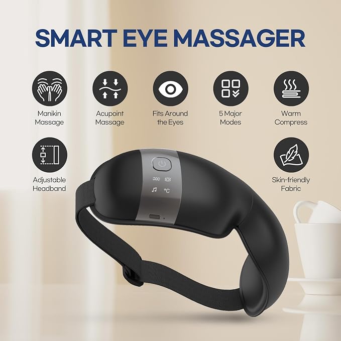 HubiCare Eye Massager with Heat, Vibration, and Music Helps Relieve Strain, Dark Circles, Dryness, and for Migraine Relief Relaxation and Better Sleep Gifts for Women/Men (Black)