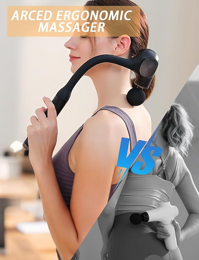 Deep Tissue Massage Gun with Bend Handle, 12MM Percussion, 4 Replaceable Heads, Less-Shock Design for Back, Neck, Foot, Leg, Shoulder