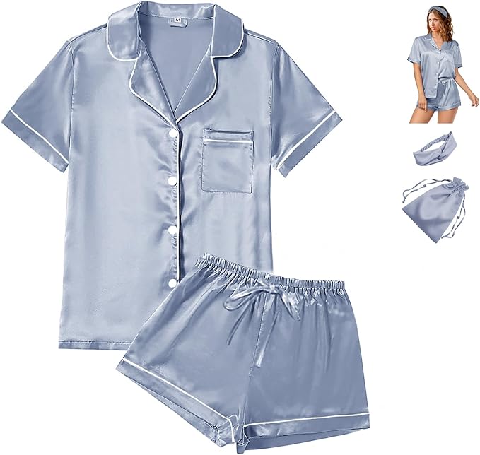 4Pcs Womens Satin Silky Pajama Sets Short Sleeve Shirt XS-4XL Floral Pajamas Set Soft PJ Loungewear Sleepwear