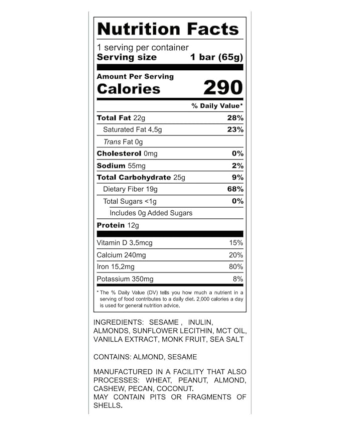 High Fiber Sesame Protein Bar - Gluten Free, 19g Fiber, 12g Protein, <1g Sugar, 6 Net Carbs (10 Bars, 65g each) Zero Added Sugar - Flavor Original