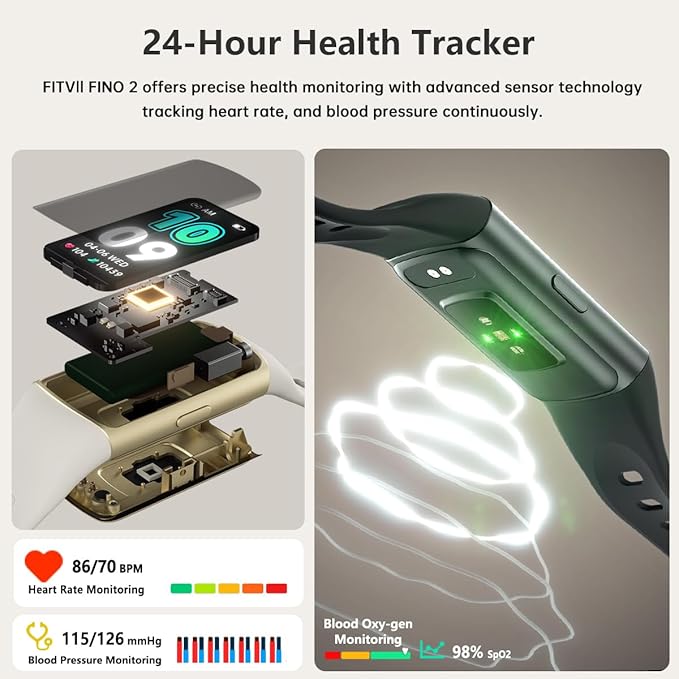 FITVII FINO 2 Slim Fitness Tracker, Smart Watch with Blood Oxygen, Sleep Monitor, 24/7 Heart Rate & Blood Pressure, IP68 Waterproof Health Activity Trackers with Calories Step Counter for Women Men