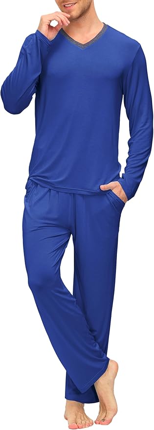 JINSHI Men's Pajama Sets Sleepwear Nightwear Lightweight Quick Dry Soft 2 Piece Long Sleeve Mens Loungewear Sets with Pocket