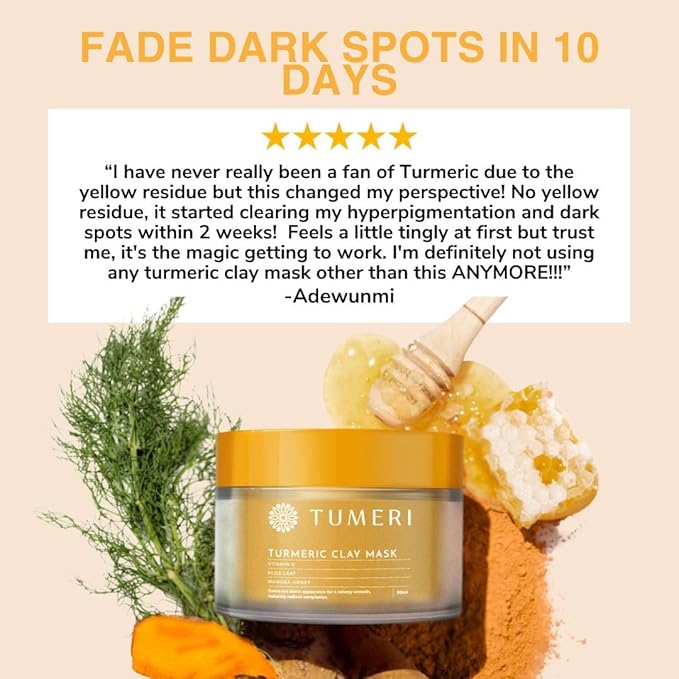 TUMERI Turmeric Vitamin C Clay Mask for Dark Spots – Turmeric Clay Face Mask Skin Care, Deep Cleansing Pores - Improves Uneven Tone, Post-Blemish, Visibly Brighten – 2 oz with Mask Brush Applicator