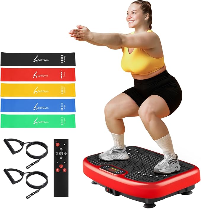 SoftGym Vibration Plate Exercise Machine for Lymphatic Drainage,Power Vibrate Stand Shake Board 450 Lbs Capacity Whole Body Workout Waver with Fitness Resistance Bands Weight Loss Gifts for Women Men