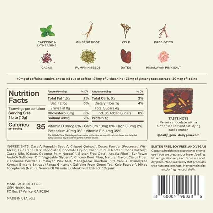 GEM Energy Caffeinated Bite, 40mg Caffeine, Ginseng Root, L-Theanine, Holistic Sustained Energy, Supports Metabolism, Stamina & Endurance | Chocolate Cacao Sea Salt | 28 Servings