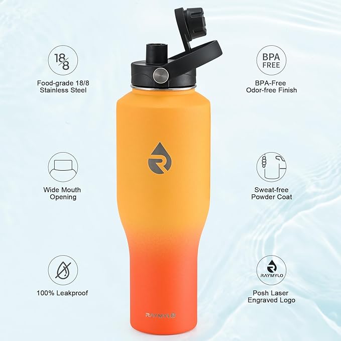 40 oz Insulated Water Bottle with Straw fit in Car Cup Holder, Triple Wall Vacuum Stainless Steel(Cold 48 hrs, Hot 24 hrs), Leakproof & Non-BPA, Hydro Travel Flask with Straw and Spout Lid