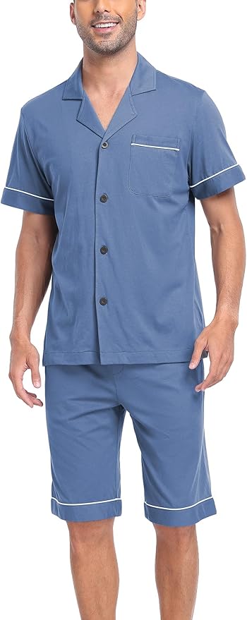 COLORFULLEAF Men's 100% Cotton Short Sleeve Pajama Sets Button Down Notched Collar Sleepwear Soft Lounge Pjs with Pockets