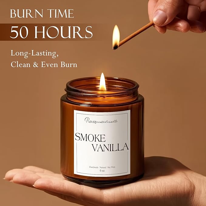 Somke Vanilla Scented Candles for Home, 9oz Natural Soy Wax Aromatherapy Organic Vanilla Candle for Stress Relief, Long Burning & Lasting Jar Candle Gifts for Birthday, Christmas, Thanksgiving