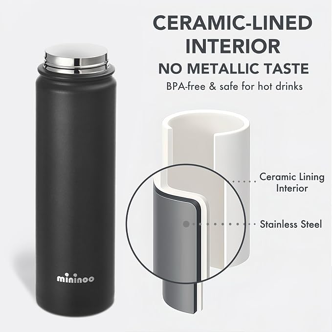 Insulated Stainless Steel Water Bottle with Straw, Ceramic-Lined, BPA-Free & Leak-Proof, 24 oz, Black
