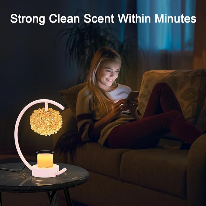 Pink Candle Warmer Lamp for Jar Candles with Adjustable Brightness&Timer,Handcrafted Crystal&Wooden Base,Candle Lamp Luxurious Design+2Bulbs,Home Decoration Electric Candle lamp(C-Shaped)