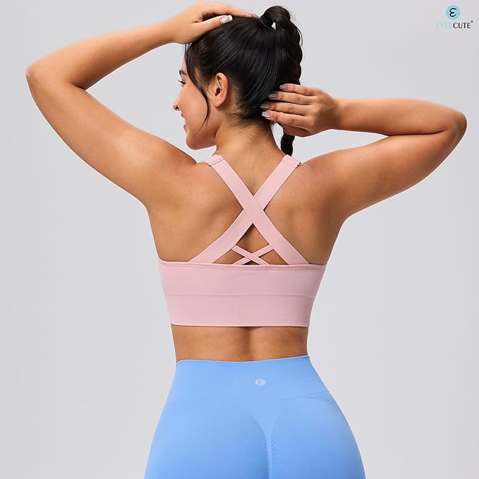 Evercute Sports Bra for Women Padded Medium Support Criss Cross Strappy Bras Seamless High Impact Yoga Exercise Athletic Bras