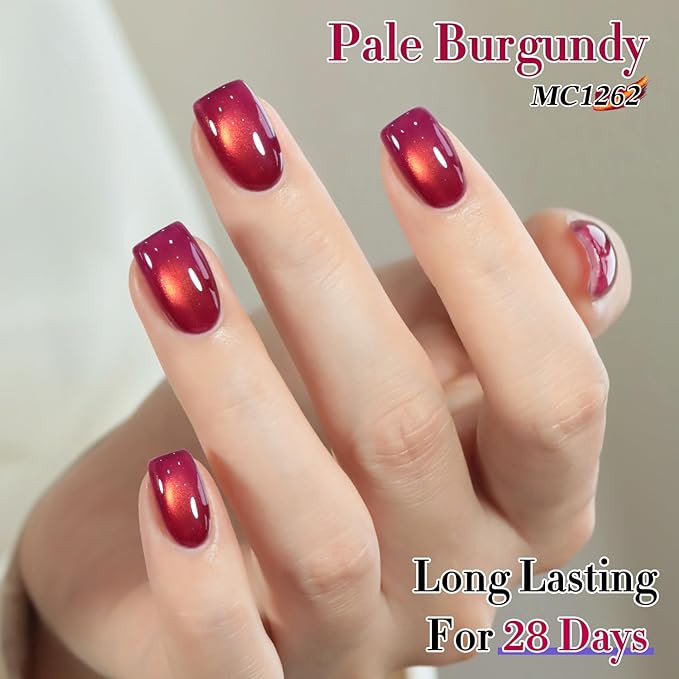 Double Rhythm 0.5 OZ Cat Eye Gel Polish with Magnet 15ML Holographic Glitter Shimmer Translucent Jelly Color Magnetic Nail Polish Salon DIY at Home (Burgundy Golden-MC1262)