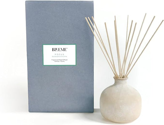 BLUEME Focus-Eucalyptus & Lime, 5.92 Fl Oz Wellness Diffuser, Contains Essential Oil, Sustainable, Hand Finished, Premium, Luxury Ceramic, Natural Rattan Reeds