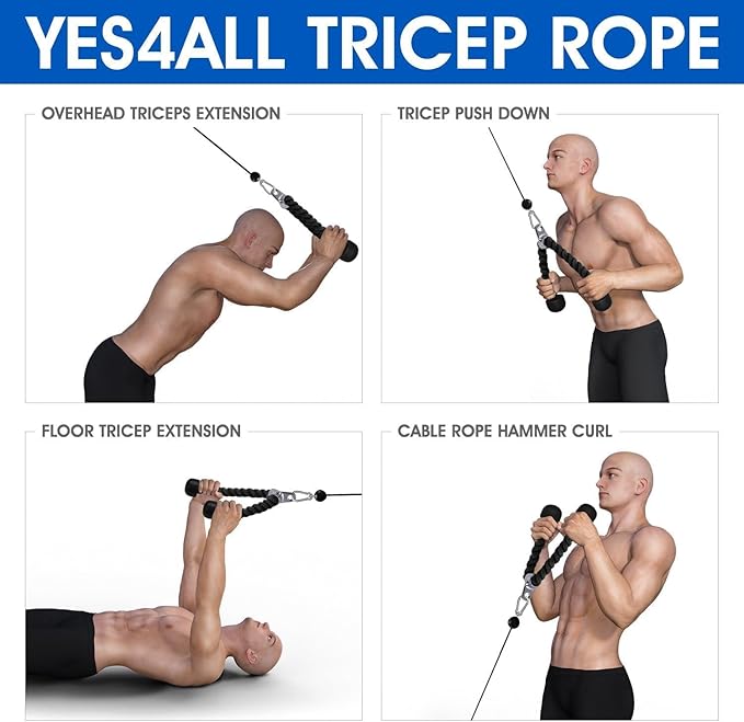 Yes4All Cable Machine Attachment, Double D Hanlde & Tricep Rope Cable Attachment, Weight Machine Accessories Load 880 LB for Home Gym
