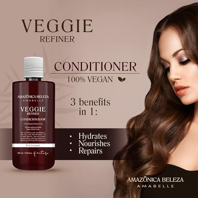AMAZONICA BELEZA Vegan Veggie Refiner Conditioner, Nourishes, Moisturizes and Repairs, Sulfate, Parabens and Cruelty Free, with Natural Ingredients for all Hair Types, 10 Oz