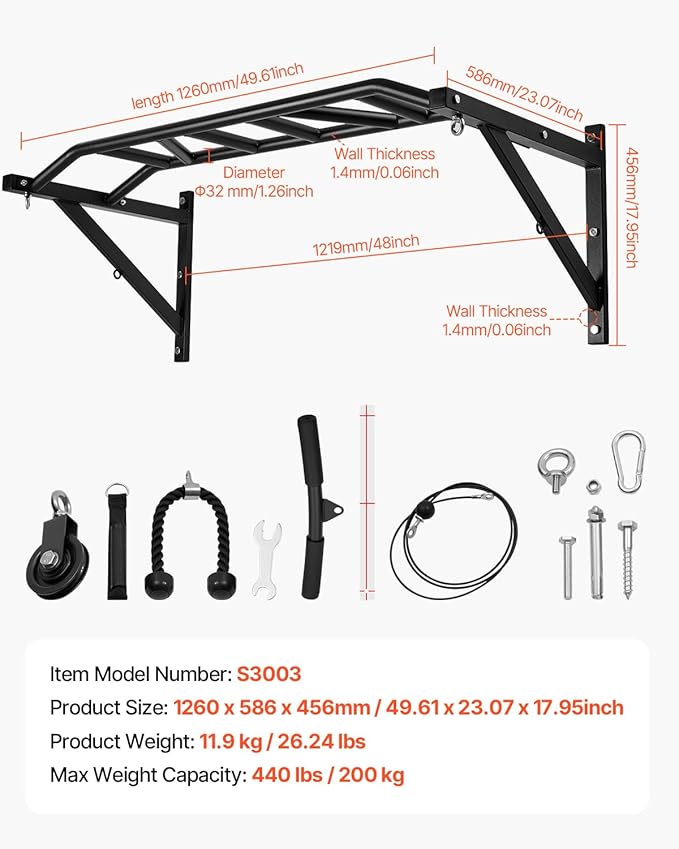 VEVOR Pull Up Bar, Multi-Grip Wall Mounted Pull Ups, 50 in Width Multifunctional Chin Up Training Station, Heavy Duty Steel Upper Body Workout Bars with LAT Pulldown Attachments, 440 lbs, for Home Gym