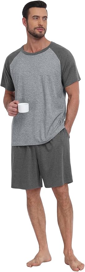 Mens Pajama Set Summer Pjs Sleepwear Lightweight Short Sleeve Pjs Soft Comfy Sleep Set With Pocket