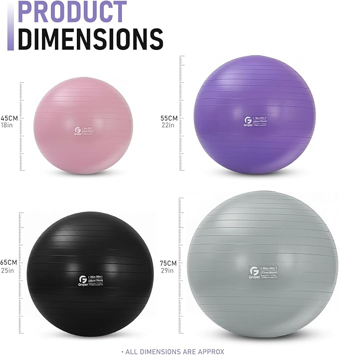 Gruper Yoga Ball and Pilates Ball,4 Sizes Exercise Ball for Fitness, Workout, Pregnancy and Physical Therapy,Quick Pump Included,Great as Yoga Ball Chair for Office or Home Gym Equipment