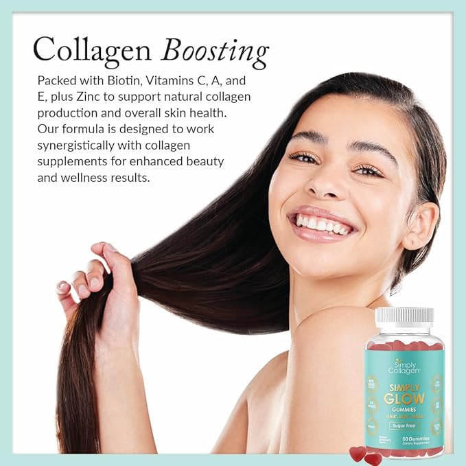 Simply Collagen® Simply Glow Hair, Skin & Nails Gummies – Vegan, Sugar-Free, Gluten-Free – Biotin 5000 mcg – Hair Gummies for Women & Men – 60 Count