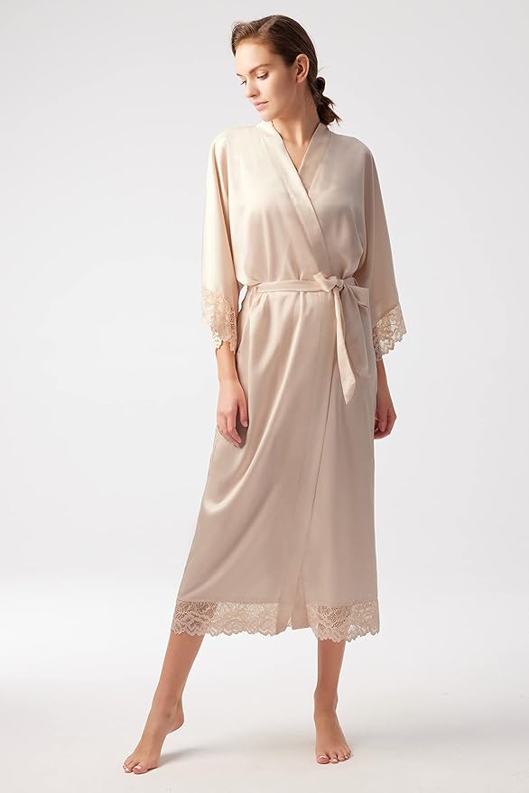 BABEYOND Satin Kimono Robe Silky Long Bridesmaid Wedding Lightweight Bath Robe with Lace Trim