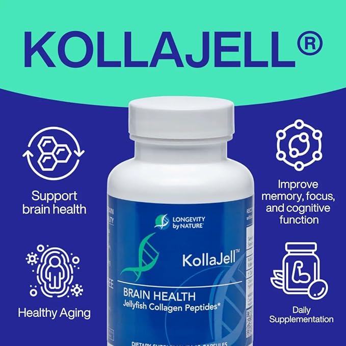 Longevity by Nature, KollaJell Collagen Peptides Brain Supplement, Memory Pills and Focus Supplement for Brain Health and Cognitive Support, 60 Capsules