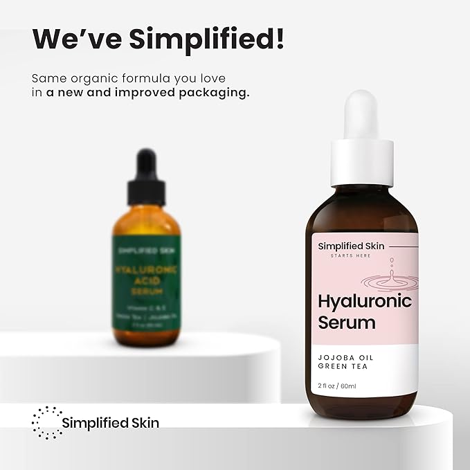 Simplified Skin Hyaluronic Acid Face Serum – Hydrating, Plumping & Youthful Skin - Anti-Aging Formula with Vitamin C, Jojoba Oil & Green Tea – 2 Fl Oz
