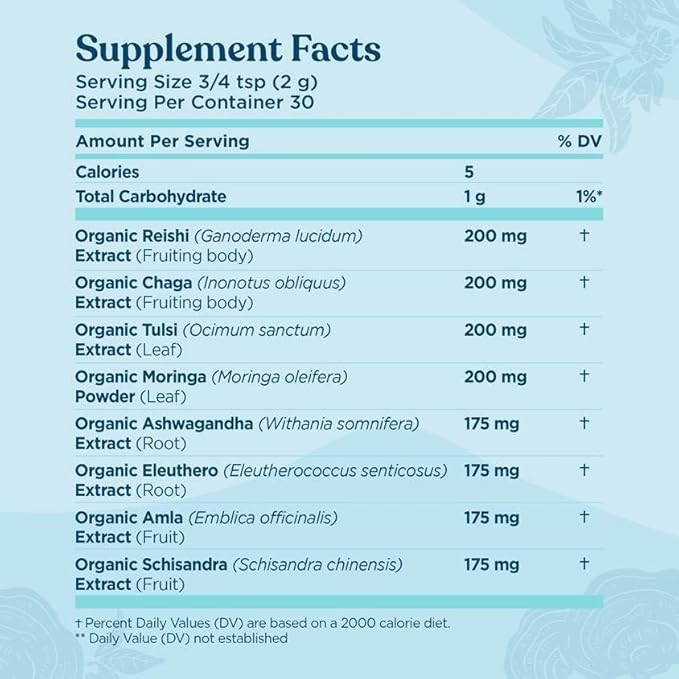 Four Sigmatic Calm Mushroom Blend | Adaptogen Supplement with Ashwagandha, Reishi, Tulsi, Cordyceps, Chaga, Rose HIPS, and More | Natural Stress Relief and Immune Support Supplement | 30 Servings