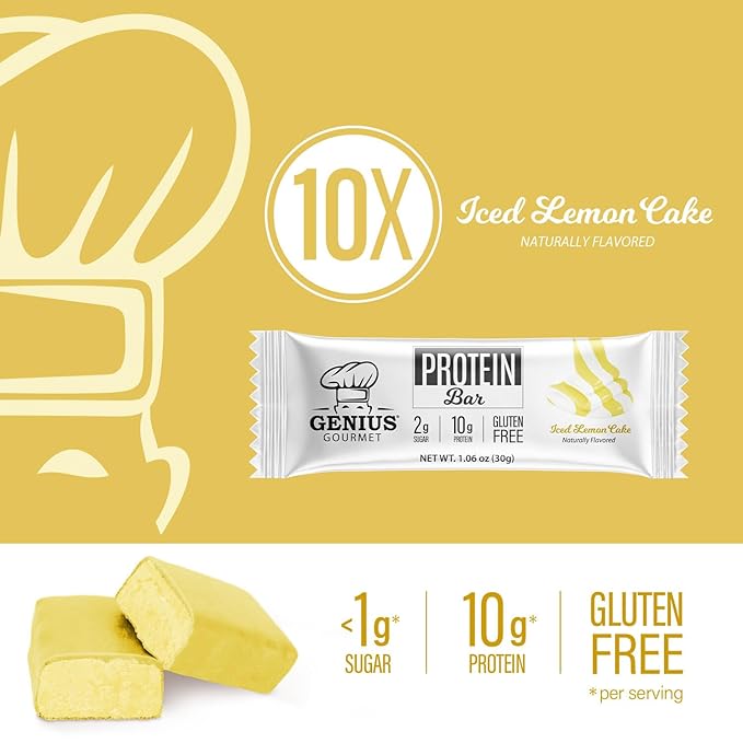 Genius Gourmet Protein Bar, Iced Lemon Cake, Keto Snack, Low Carb, Low Sugar & Gluten Free, Protein Snacks for Adults, 10G of Whey Protein per Protein Bar, 5 Net Carbs, 10 Count