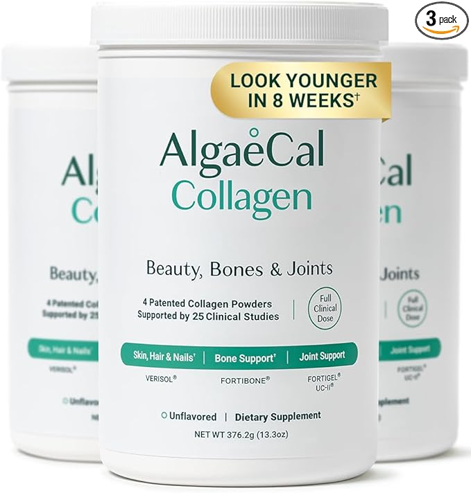 ALGAECAL Collagen - 4 Clinically-Supported Peptides VERISOL®, FORTIGEL®, UC-II®, FORTIBONE®, Anti-Aging Hydrolyzed Collagen Powder, 3 Packs, Made in USA