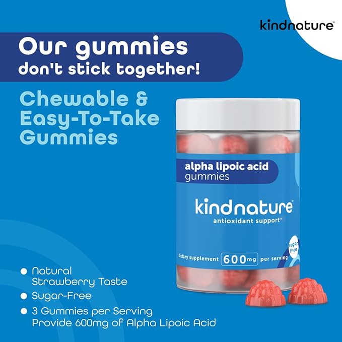 kindnature Alpha Lipoic Acid Gummies - Neuropathy Supplements - Vegan, Sugar-Free, Low Calorie 600 mg ALA Supplement - Pure ALA Alpha Lipoic Acid 600mg for Antioxidant Nutritional Supplements
