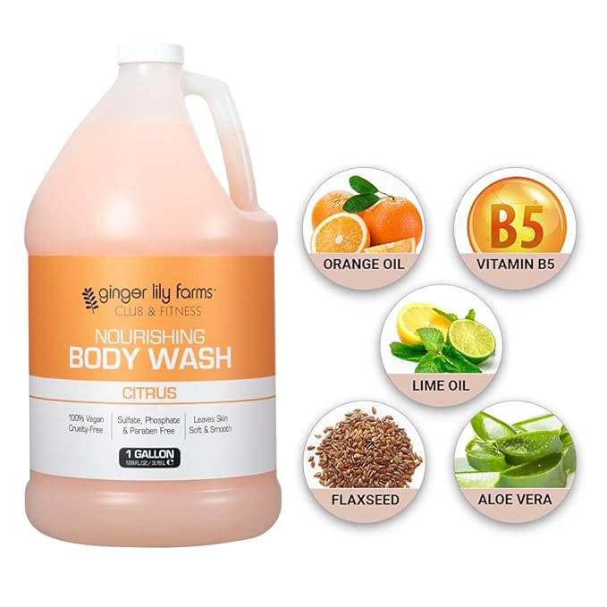 Ginger Lily Farms Club & Fitness Nourishing Body Wash, 100% Vegan & Cruelty-Free, Citrus Scent, 1 Gallon Refill (Pack of 4)