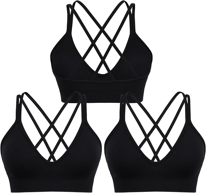 Sports Bra for Women V-Neck Strappy Criss Cross Yoga Bra Padded Medium Support Workout Gym Athletic Fitness Bras 3 Pack