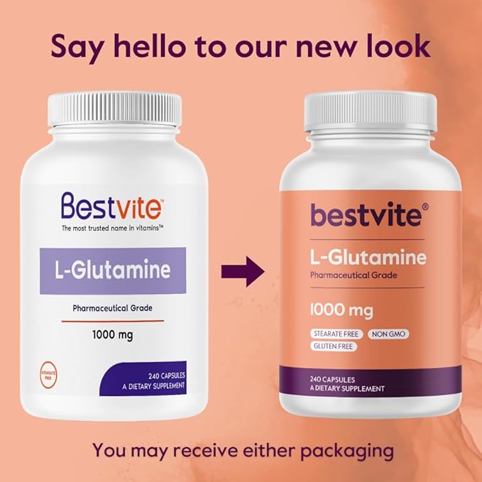 BESTVITE Filler-Free L-Glutamine 1000mg per Capsule (240 Capsules) - Free Form - No Stearates - Gluten Free - Non GMO - Pure L Glutamine Supplement - Maximum Strength Glutamine Capsules