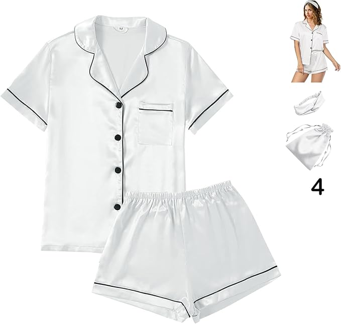 4Pcs Womens Satin Silky Pajama Sets Short Sleeve Shirt XS-4XL Floral Pajamas Set Soft PJ Loungewear Sleepwear