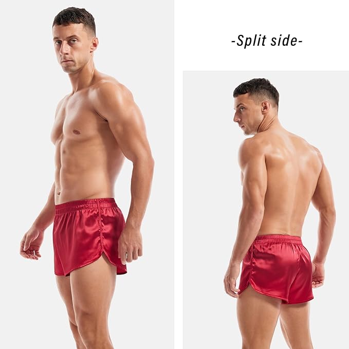 AMY COULEE Mens Satin Shorts Silk Boxers Sexy Split Side Lounge Shorts 3 Inch Pajama bottoms