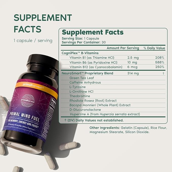 2 Pack, Primal Mind Fuel Brain Booster for Focus, Energy, Clarity, Memory Brain Health 30 Capsules Nootropics Brain Support Supplement for Men and Women
