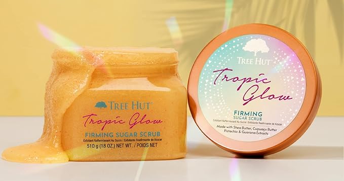 Tree Hut Tropic Glow Shea Sugar Scrub, Exfoliates and Smooths for Soft, Radiant Glow, Warm Scent with Almond, Golden Amber, and Sandalwood, 18 oz