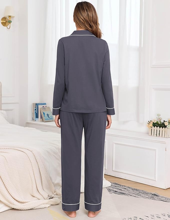 Veseacky 100% Cotton Pajamas for Women Set Long Sleeve Button Down Sleepwear Soft Pjs Lounge Sets with Pockets S-XXL