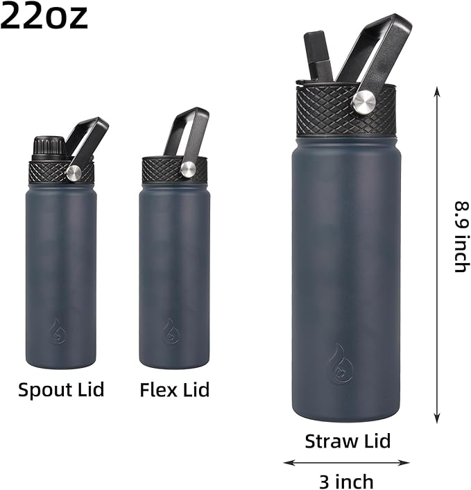 BJPKPK Insulated Water Bottles with Straw Lid, 22oz Cold & Hot Thermo, Stainless Steel Metal Water Bottle with 3 Lids, Reusable Thermo, Cups, Mugs for Daily Use-Navy Blue