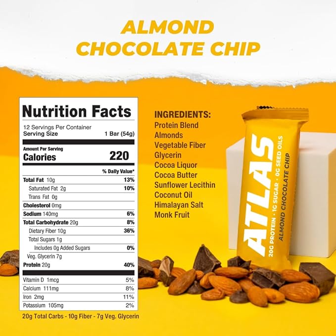 Atlas Protein Bar – 20g Clean Protein, 1g Natural Sugar, No Seed Oils, Gluten Free, No Artificial Sweeteners - Almond Chocolate Chip 24 Count