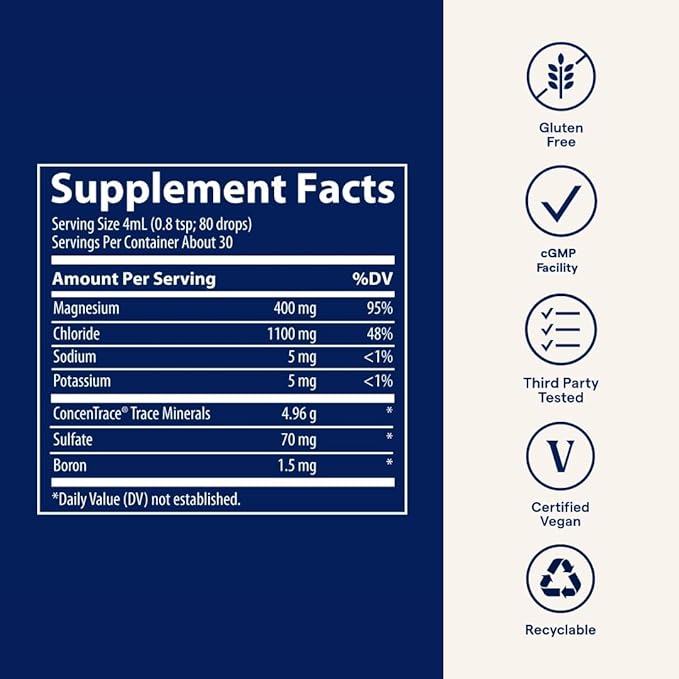 Trace Minerals Mega-Mag - Liquid Magnesium Supplement for Vitality & Energy Support - Muscle, Bone & Nerve Health - Natural Daily Drops - Non-GMO, Vegan & Gluten-Free - 4 fl oz (30 Servings)