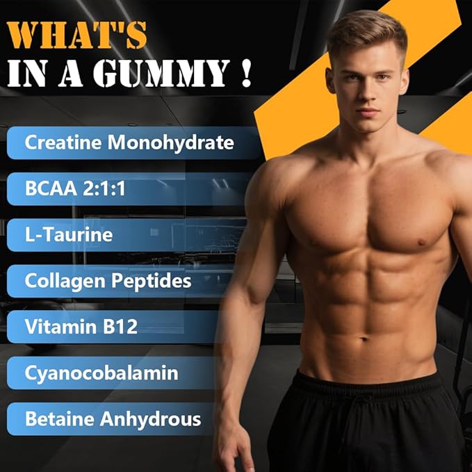 Creatine Monohydrate Gummies for Men & Women - Complex 8000 MG PreWorkout Supplement Creatine Gummy with BCAA, L-Taurine & Vitamin B12 for Muscle Builder, Strength & Energy Boost, 120 Count 1Pack