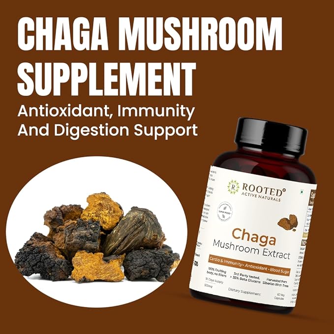 ROOTED Actives, Siberian Chaga Mushroom Extract, Certified Organic| 35% Beta Glucans - Lab Verified | Antioxidant & Vitality Support (60 Veg Caps)